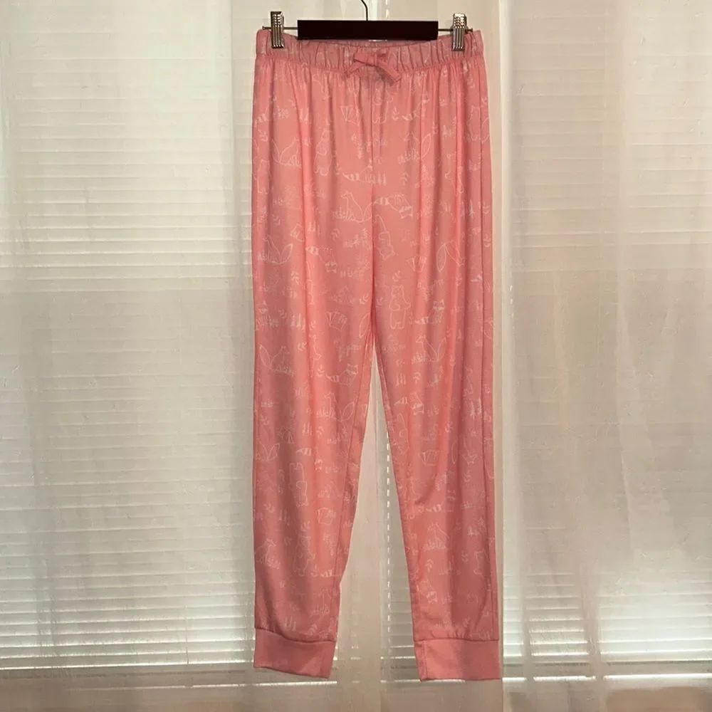 Eddie Bauer 14/16 L Kids Forest Animals Pink White Pajama Jogger Pants Bottom